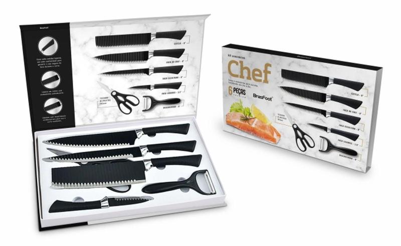Kit chef facas e acessorios 6 peças - preto - brasfooot Imagem de Kit chef facas e acessorios 6 peças - preto - brasfooot