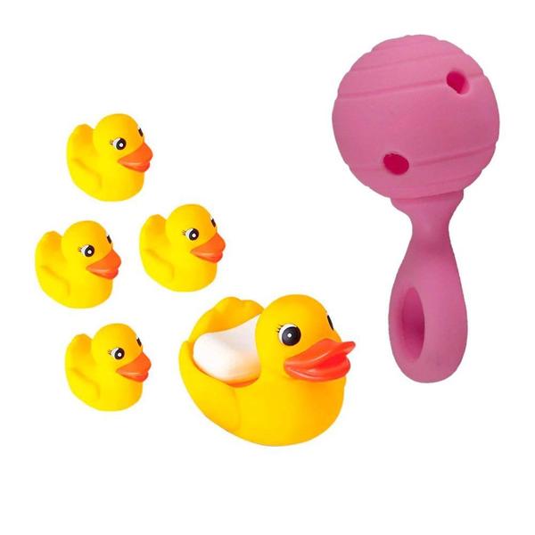 Kit Chocalho E Mordedor Bola + 5 Patinhos Para Banho do Bebê - Bee Toys Imagem de Kit Chocalho E Mordedor Bola + 5 Patinhos Para Banho do Bebê