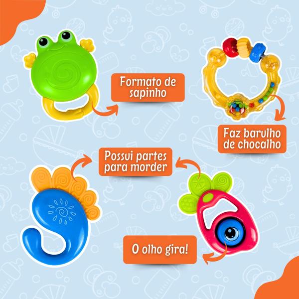 Kit Chocalho Mordedor Bebê Menino Menina 3 Meses Brinquedo - Chocalho Bebê Mordedor Macio Imagem de Kit Chocalho Mordedor Bebê Menino Menina 3 Meses Brinquedo