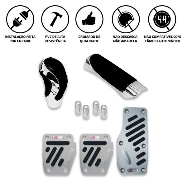 Kit Chrome Esportivo Bola Câmbio + Aplique Manopla Freio de Mão + Pedaleiras + Pino Válvula de Pneu Cromada - Shekparts Imagem de Kit Chrome Esportivo Bola Câmbio + Aplique Manopla Freio de Mão + Pedaleiras + Pino Válvula de Pneu Cromada