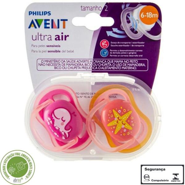 Imagem de Kit Chupeta Avent Ultra Air 6-18M Menina Bebê Silicone Luxo