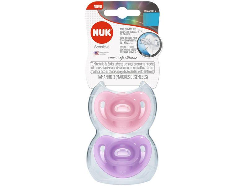 Imagem de Kit Chupeta Silicone Ortodôntico NUK Baby Care - Sensitive Soft Lilás e Rosa 6 Meses 2 Unidades