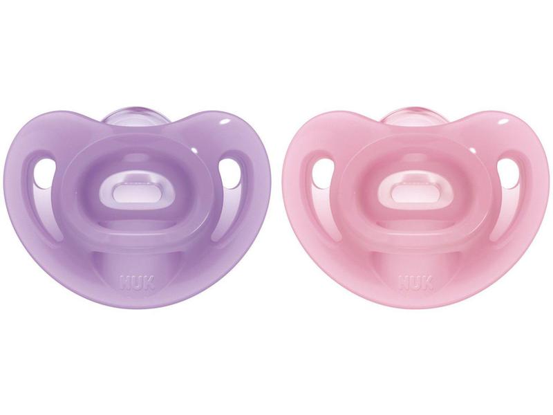 Imagem de Kit Chupeta Silicone Ortodôntico NUK Baby Care - Sensitive Soft Lilás e Rosa 6 Meses 2 Unidades