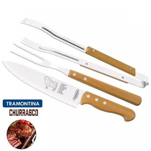 Imagem de Kit Churrasco 3 Peças Inox Garfo Faca Pegador Tramontina