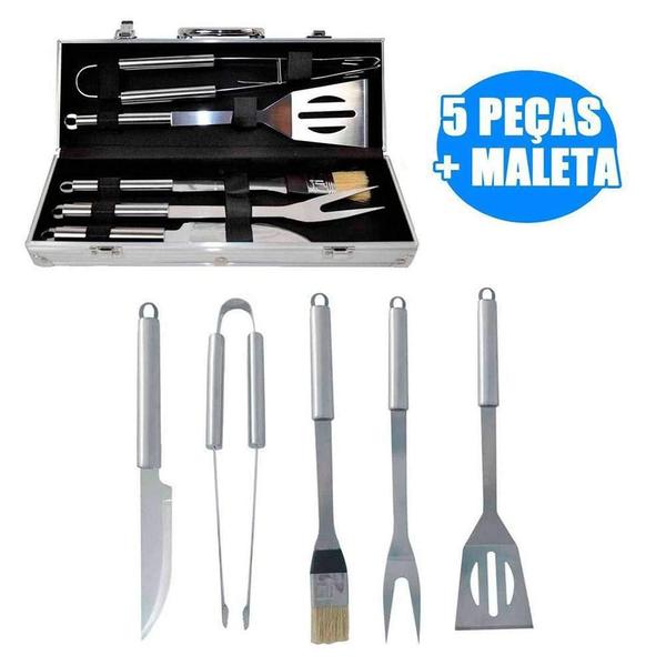 Imagem de Kit Churrasco Com 5 Peças Inox Maleta Alumínio Churrasqueira