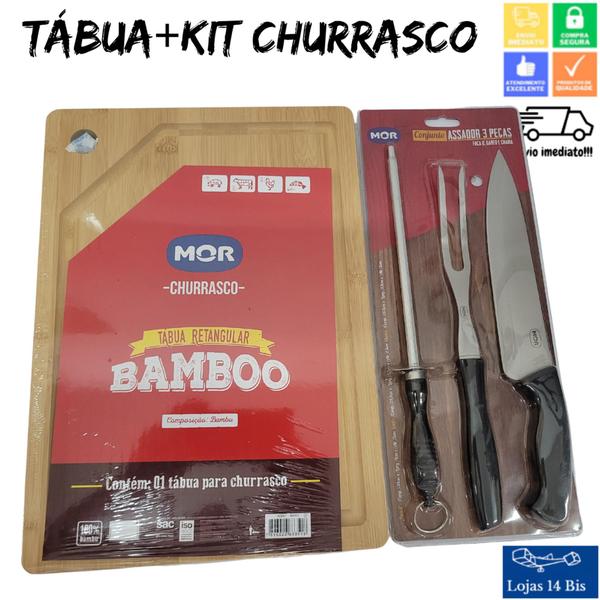 Imagem de Kit Churrasco com Garfo Faca e Amolador Mor + Tábua de Carne Retangular Churrasco 35x25cm Mor