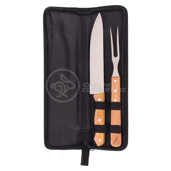 Imagem de Kit Churrasco Gourmet Profissional 2 Peças Aço Inox Faca e Garfo 13" Polegadas + Capa de Proteção