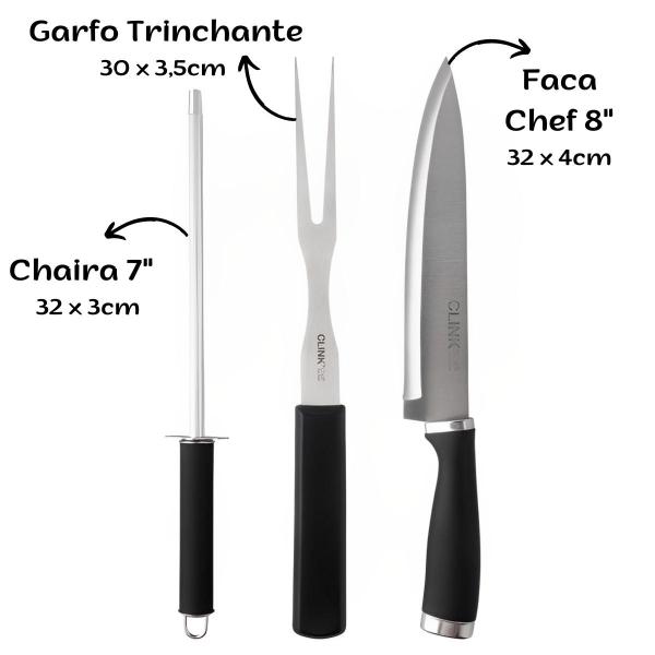 Imagem de Kit Churrasco Inox Jogo 3 peças Faca Garfo Trinchante Chaira