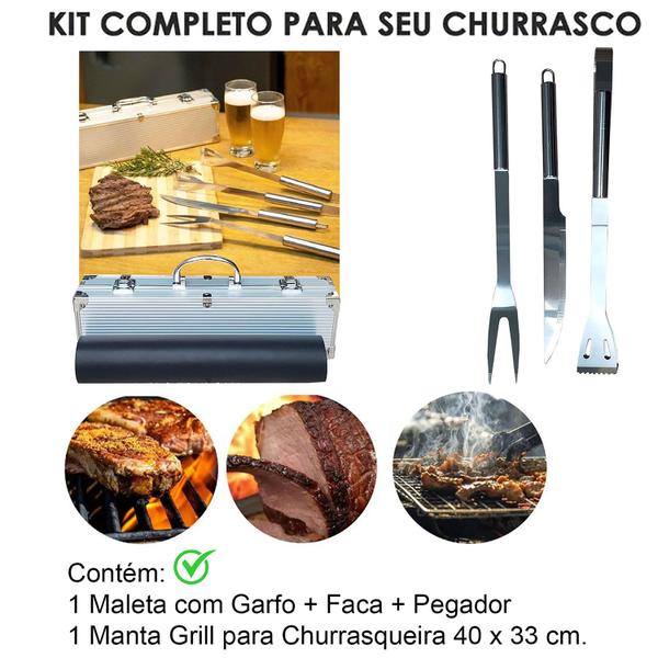 Imagem de Kit Churrasco Inox: Maleta + Faca + Pegador + Garfo + Manta Grill Churrasqueira - Presente Natal Dia dos Pais