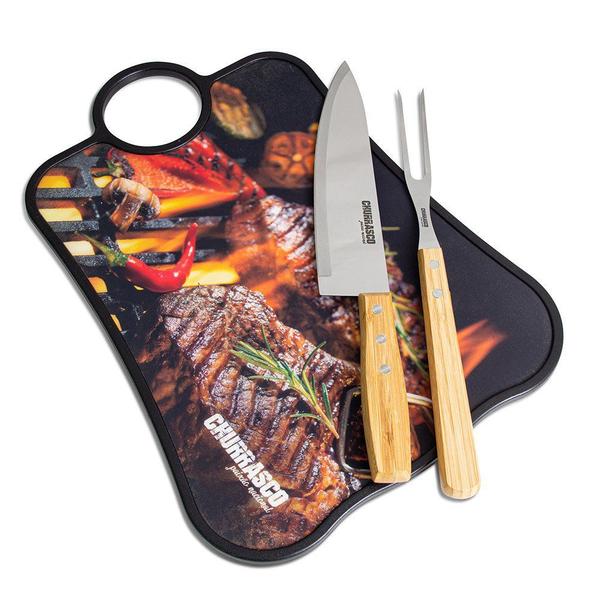 Imagem de Kit Churrasco Tabua de Carne com Garfo Trinchante + Faca 8" Marcamix