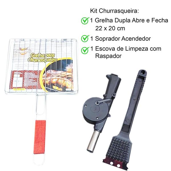 Imagem de Kit Churrasqueira: Grelha Dupla Abre e Fecha + Soprador Acendedor + Escova Limpeza com Raspador = 3 Produtos