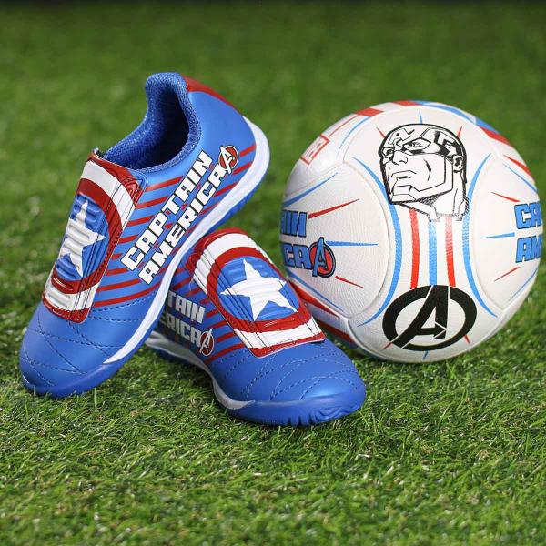 Imagem de Kit Chuteira Futsal e Bola Dray Capitão América Marvel Azul e Vermelho - Infantil