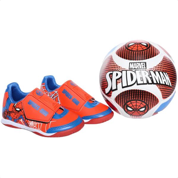 Imagem de Kit Chuteira Infantil Dray Marvel Indoor Futsal Quadra Sem Trava Homem Aranha Spider Man