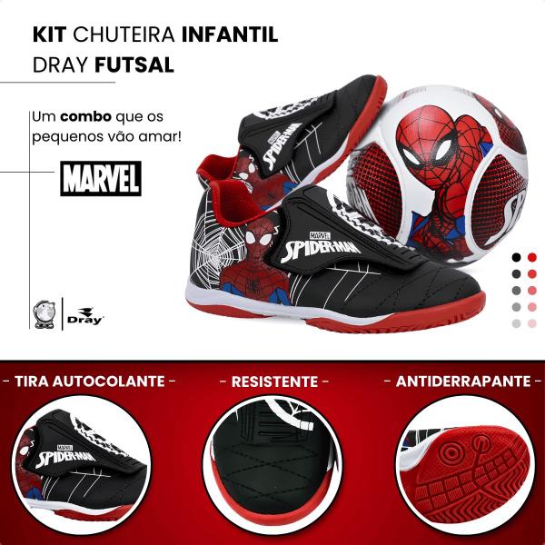 Imagem de Kit Chuteira Infantil Dray Marvel Indoor Futsal Sem Trava Quadra Homem Aranha Spider Man