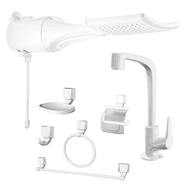 Imagem de Kit Chuveiro Loren Shower Branco + Torneira Cuba + Kit 5pcs