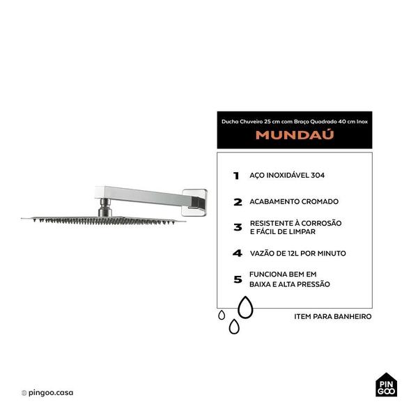 Imagem de Kit Chuveiro moderno Cromado inox 304 Slim 25 cm + braço 40 cm Mundaú