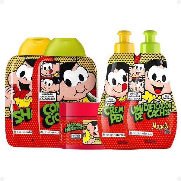 Imagem de Kit Cia da Natureza Magali Kids Cabelos Ondulados e Cacheados: Shampoo, Condicionador, Máscara, Creme e Umidificador