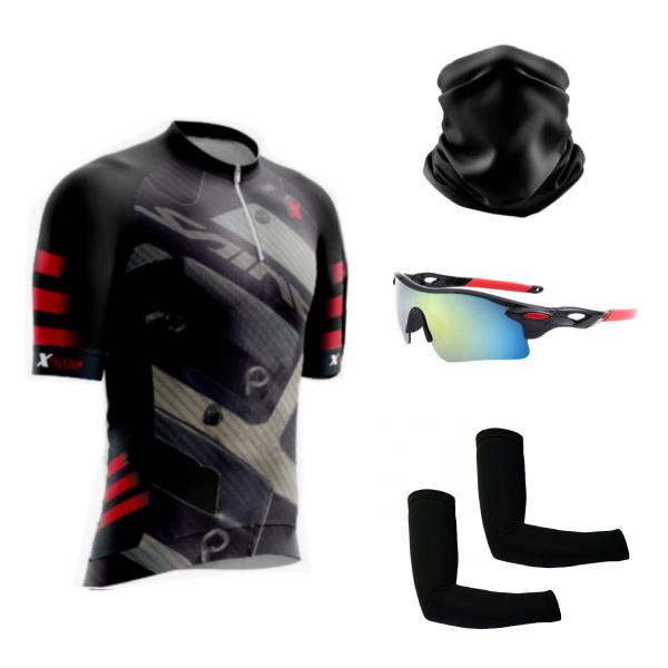 Imagem de Kit Ciclismo Camisa C/ Proteção UV + Manguitos + Óculos de Proteção Espelhado + Bandana