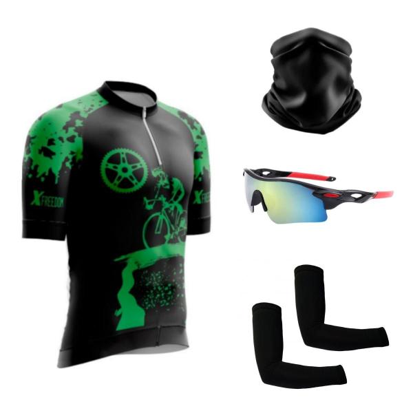 Imagem de Kit Ciclismo Camisa C/ Proteção UV + Manguitos + Óculos de Proteção Espelhado + Bandana