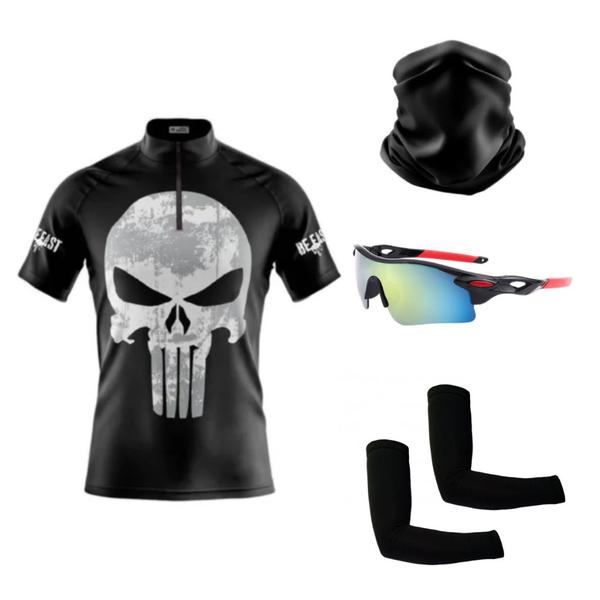 Imagem de Kit Ciclismo Camisa C/ Proteção UV + Óculos de Proteção Espelhado + Manguitos + Bandana