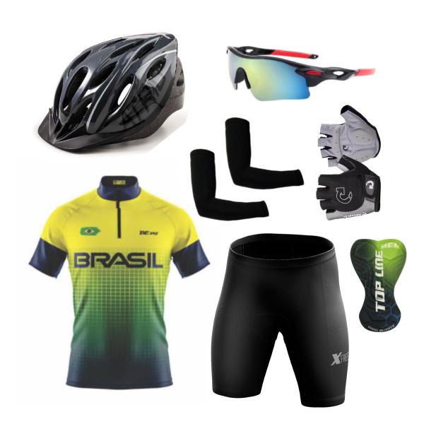 Imagem de Kit Ciclismo Camisa e Bermuda C/ Forro Gel + Capacete + Luvas + Acessórios