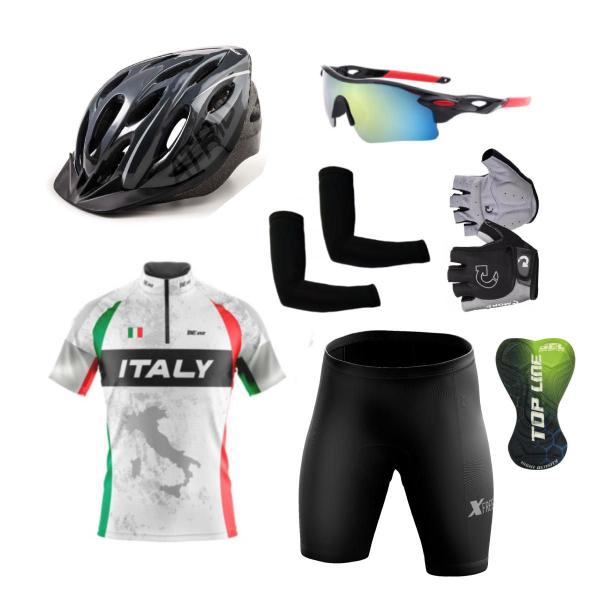 Imagem de Kit Ciclismo Camisa e Bermuda C/ Forro Gel + Capacete + Luvas + Acessórios