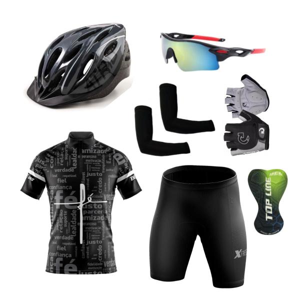 Imagem de Kit Ciclismo Camisa e Bermuda C/ Forro Gel + Capacete + Luvas + Acessórios