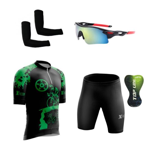 Imagem de Kit Ciclismo Camisa Proteção UV e Bermuda em Gel + Óculos Esportivo + Manguitos