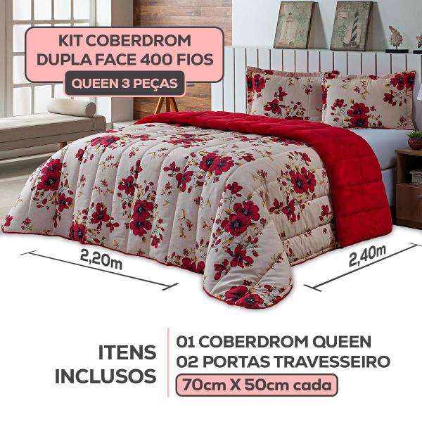 Imagem de Kit Coberdrom Casal Queen 3 Peças Dupla Face 400 Fios Estampado Patchwork Roupa de Cama Premium Cobertor Manta Soft