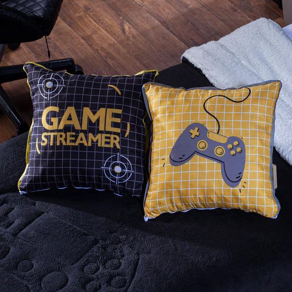 Imagem de Kit Coberdrom Game Streamer Preto c/ Almofadas Solteiro 04 Peças - Dupla Face Sherpa e Mantinha