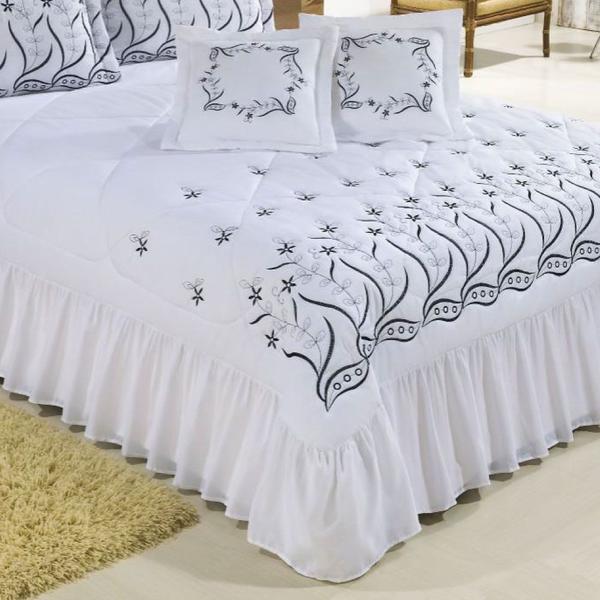 Imagem de Kit Cobre Leito Casal Queen Desejos 07 Peças Bordado - Branco com Preto