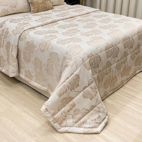 Imagem de Kit Cobre Leito Colcha Dhalia King 05 Peças Dupla Face Jacquard Floral Matelado Costurado - Bege