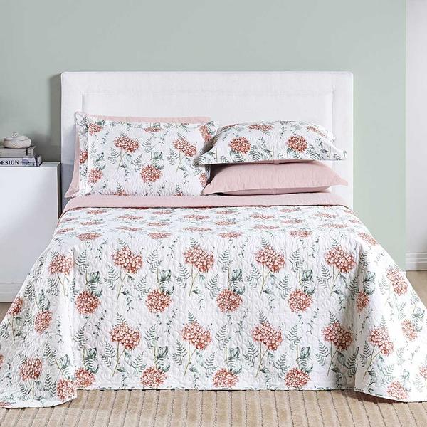 Imagem de Kit Cobre Leito Colcha Maggy King 3 Peças Dupla Face Percale 200 Fios - Hortencia Floral Rosa