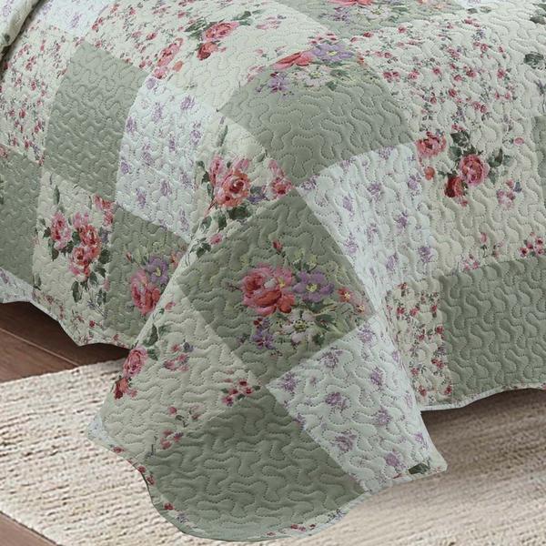 Imagem de Kit Cobre Leito Colcha Mix Queen Estampado Dupla Face Floral 3 Peças - Lara - Verde Patchwork - 100% Poliéster