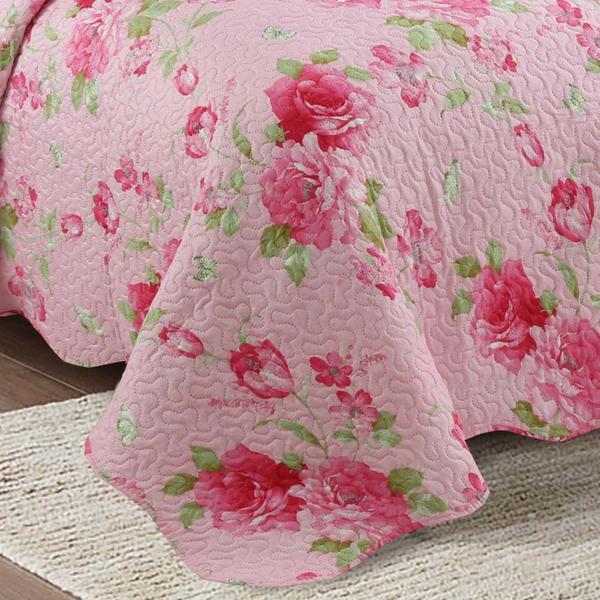 Imagem de Kit Cobre Leito Colcha Mix Queen Estampado Dupla Face Floral 3 Peças - Maria - Rosa