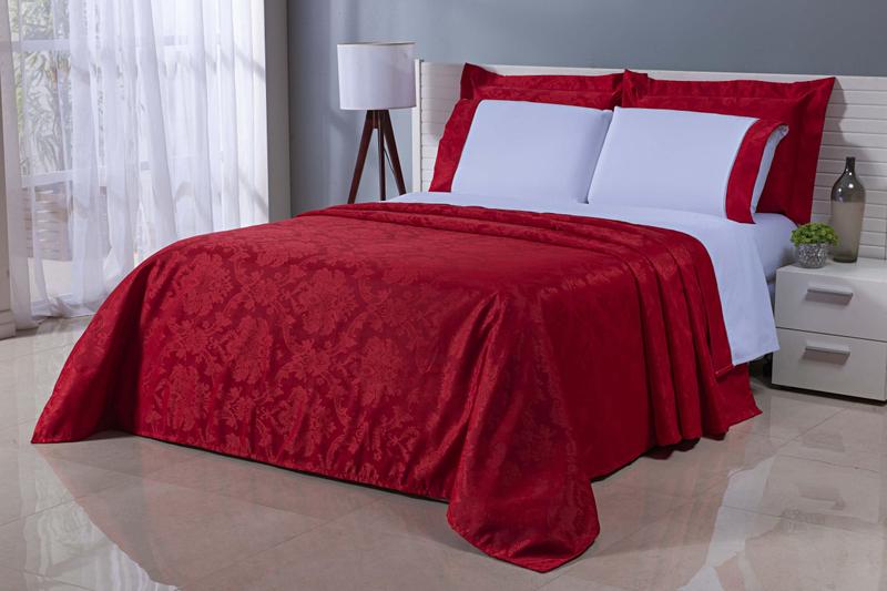Imagem de Kit Cobre leito Jaquard  com  jogo de lençol viúva 7peças Vermelho