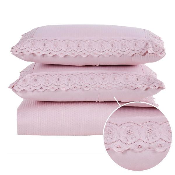 Kit Colcha Cobre Leito cama Queen super 3 peças percal 300 Fios com Bordado Ingles rosa ci... Kit Colcha Cobre Leito cama Queen super 3 peças percal 300 Fios com Bordado Ingles rosa ci...