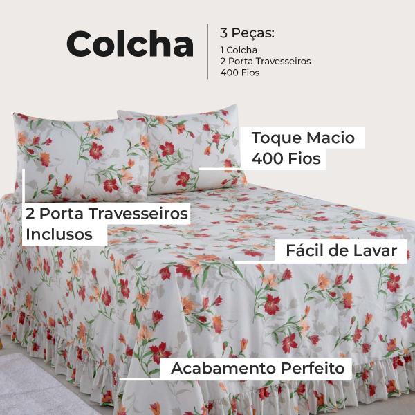 Imagem de Kit Colcha Cobre Leito Casal Padrão 400 Fios Toque Macio 3 Peças com Porta Travesseiro