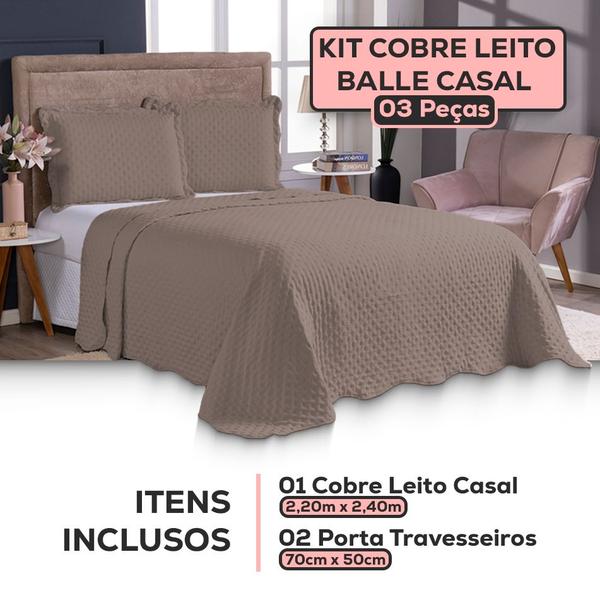 Imagem de Kit Colcha Cobre Leito Casal Padrão Dupla Face 3 Peças 400 Fios Micropercal Com Porta Travesseiro Toque Macio Luxo Balle