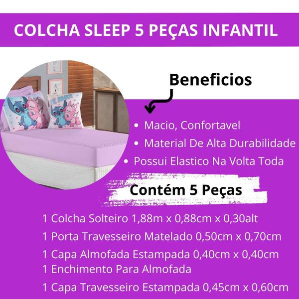 Imagem de Kit Colcha Cobre Leito Jogo Cama Infantil Solteiro 5 Pçs Matelado Elasticado Quarto Menina Lilou Lilas