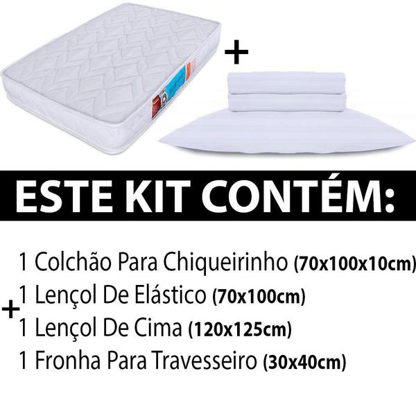 Imagem de Kit Colchão Para Chiqueirinho Cercadinho Mini Berço + Jogo Cama Lençol 3 Peças 100% Algodão Percal 300 Fios 100x70x10cm - BF Colchões