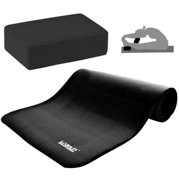 Imagem de Kit Colchonete 1,80m Tapete para Ginastica Yoga Ou Pilates Preto + Bloco para Yoga Eva Preto 21 X 11 Cm