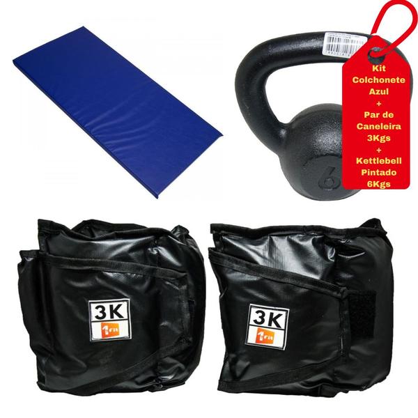 Imagem de Kit Colchonete Azul + Caneleira 3Kg + kettlebell Pintado 6kg