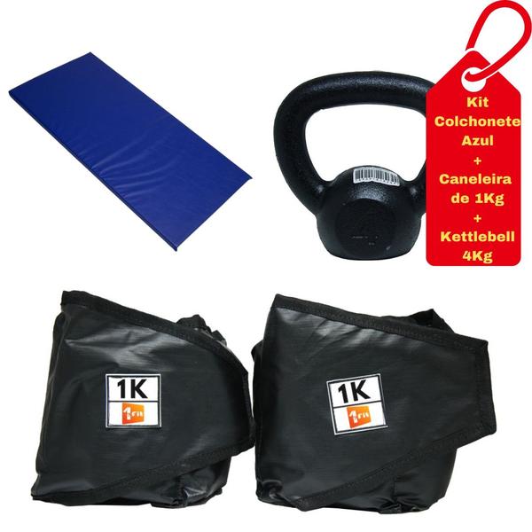 Imagem de Kit Colchonete Azul + Par de Caneleira 1Kg + kettlebell Pintado 4kg