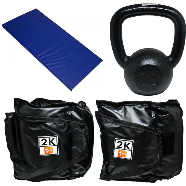 Imagem de Kit Colchonete Azul + Par de Caneleira 2Kg + kettlebell Pintado 10kg