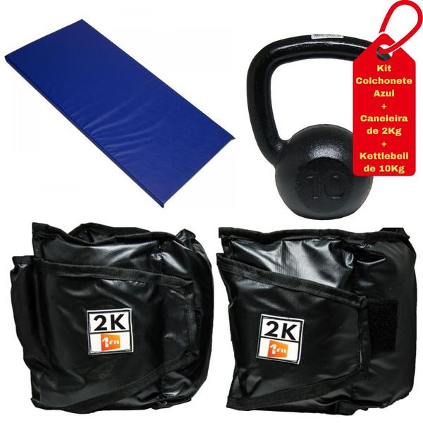 Imagem de Kit Colchonete Azul + Par de Caneleira 2Kg + kettlebell Pintado 10kg