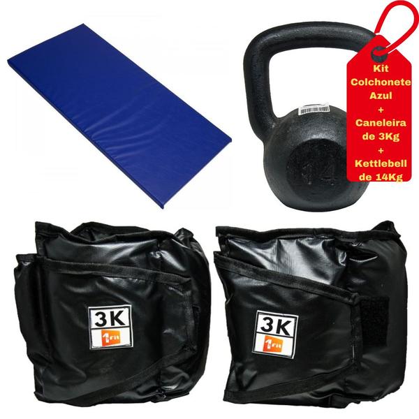 Imagem de Kit Colchonete Azul + Par de Caneleira 3Kg + kettlebell Pintado 14kg