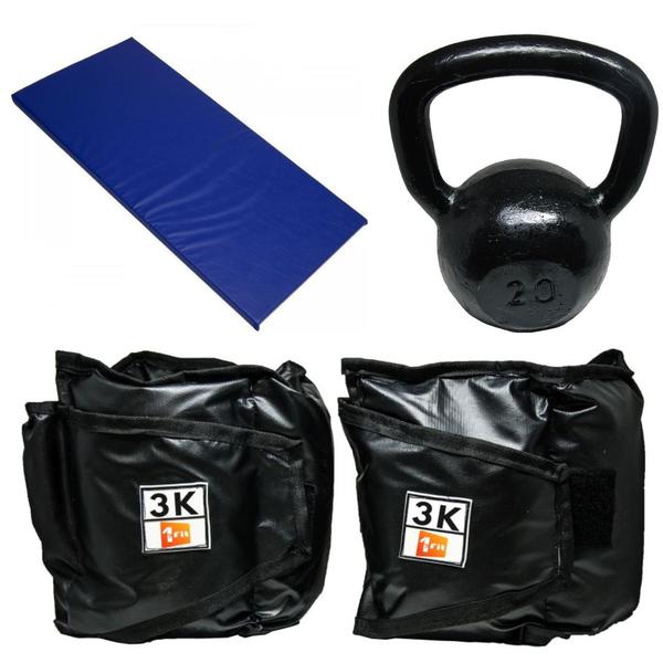 Imagem de Kit Colchonete Azul + Par de Caneleira 3Kg + kettlebell Pintado 20kg