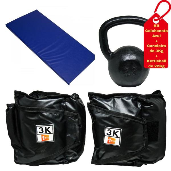 Imagem de Kit Colchonete Azul + Par de Caneleira 3Kg + kettlebell Pintado 22kg