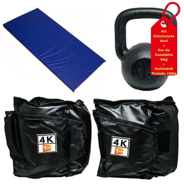 Imagem de Kit Colchonete Azul+Par de Caneleira 4Kg+kettlebell Pintado 16kg